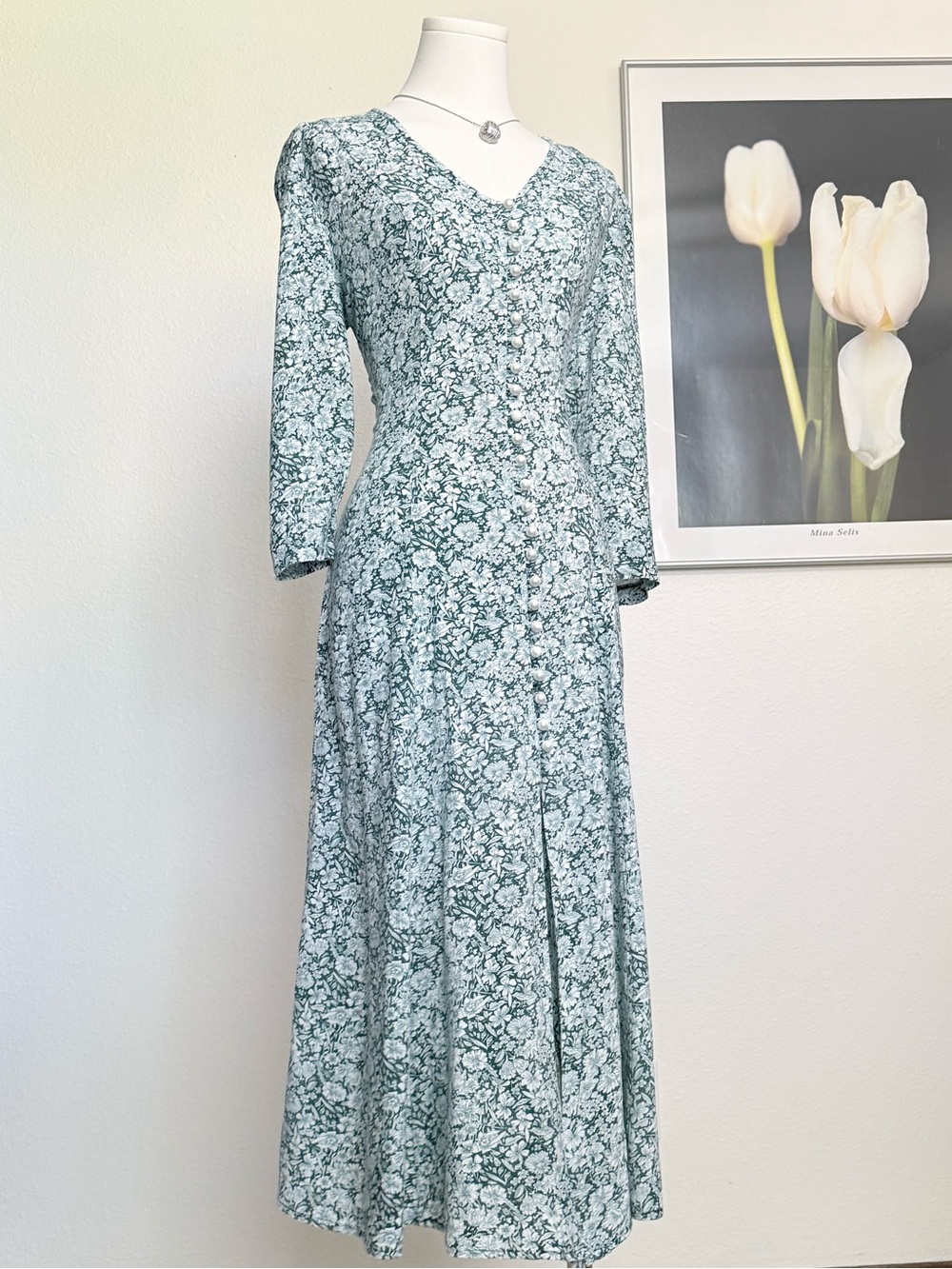 Vintage Paris Sport Club Floral Button Front Midi Dress Tie Back 90s Old Money